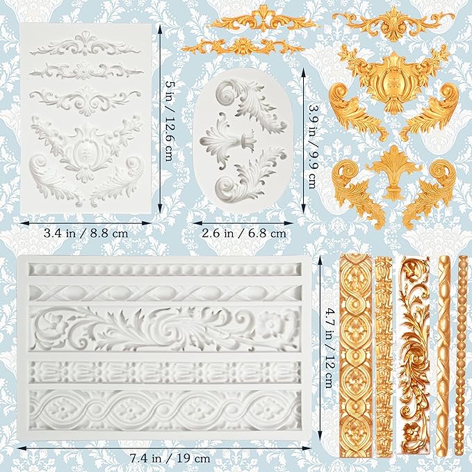 3 Packs Baroque Silicone Molds Scroll Silicone Baroque Mold Clay Molds Fondant Molds Border Fondant Mold Wedding Birthday Cake Decoration