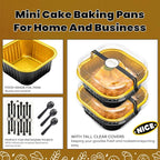 50 Pcs Mini Square Baking Cups with Lids and Spoons Aluminum Foil Mini Cake Pans with Lids Disposable Ramekins Cake Pans Dessert Cups for Wedding Birthday Party(Black Gold,10oz)
