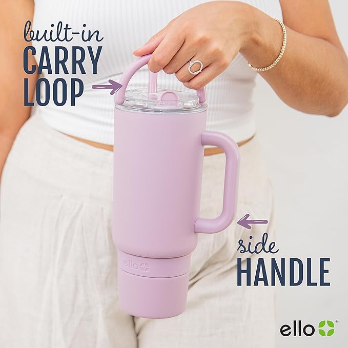 Ello Port 40oz Tumbler with Carry Loop & Integrated Handle, Vacuum Insulated Stainless Steel Reusable Water Bottle, Travel Mug with Leak Proof Lid & Straw, Perfect for Iced Coffee & Tea, White