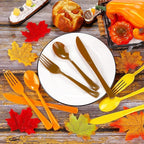 300 Pieces Thanksgiving Plastic Silverware Fall Heavy Duty Utensils Set Heavyweight Disposable Flatware Includes Orange Yellow Brown Spoons Forks Knives for Thanksgiving Dinner Party Supplies