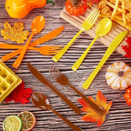 300 Pieces Thanksgiving Plastic Silverware Fall Heavy Duty Utensils Set Heavyweight Disposable Flatware Includes Orange Yellow Brown Spoons Forks Knives for Thanksgiving Dinner Party Supplies