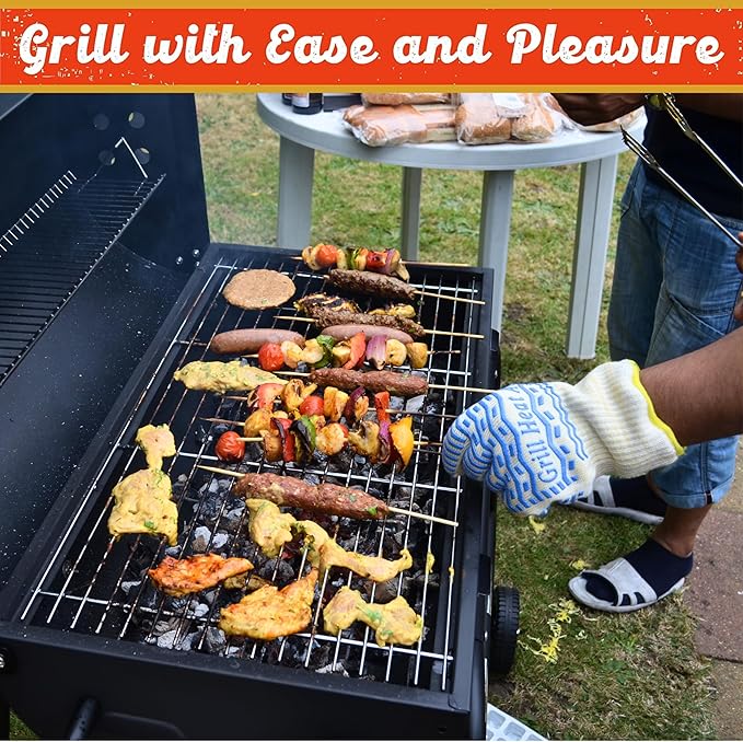 GRILL HEAT AID BBQ Grill Gloves 1472°F - Extreme Heat Resistant Oven Mitts for Grilling, Smoker & Fire Pit with Silicone Grip & EN407 Cut Resistance - Mid Cuff (Small Palm), White & Blue
