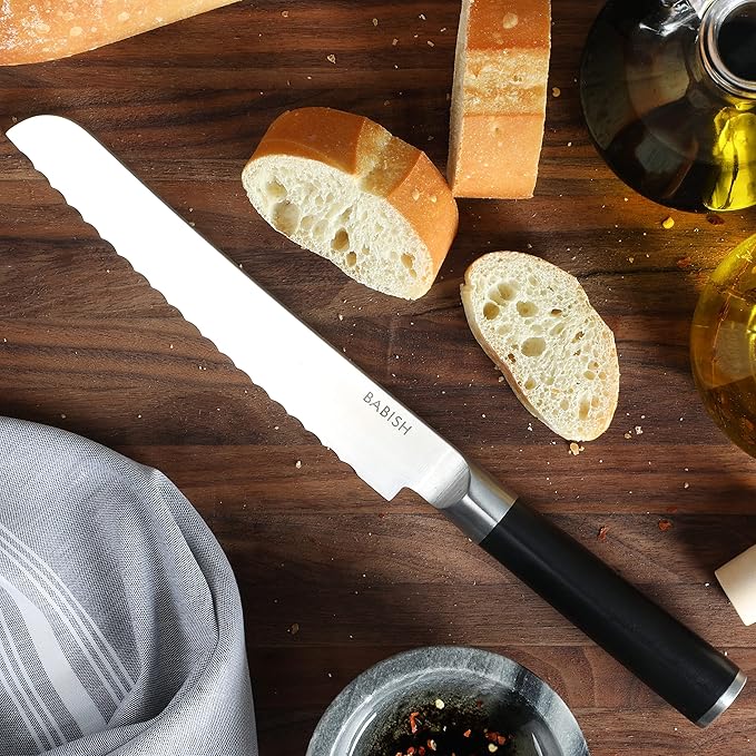 Babish 8-Inch Bread Knife – High-Carbon 1.4116 German Steel Kitchen Knife – Professional Serrated Cutlery for Slicing Bread and Baked Goods