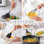 Country Kitchen Non Stick Silicone Utensil Set with Rounded Wood Handles for Cooking and Baking, 14 Piece Set, Black