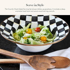 MACKENZIE-CHILDS Enamel Salad Serving Set, Enamel Bowl and Wooden Salad Servers, Decorative Kitchen Set, Black-and-White Courtly Check