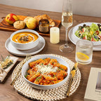 AmorArc Ceramic Dinnerware Sets with Pasta Bowls for 6, Handpainted Plates and Bowls Set with Rustic Terracotta Underside, Scratch Resistant Dishes Set, Dishwasher & Microwave Safe, 24 Pcs