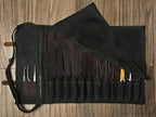 Asaya Waxed Canvas Knife Roll - 15 Knife Slots, Card Holder and Large Zippered Pocket - Genuine Leather, Cloth and Brass Buckles - for Chefs and Culinary Students - Knives Not Included