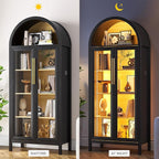 Arched Kitchen Pantry Cabinet with Glass Doors, Display Curio Case with 3 Color LED Lights for Collectibles, Modern 5-Tier Storage Hutch Cabinet for Kitchen, Dining Room, Black