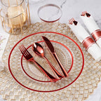 Goodluck 175 Piece Red Plastic Dinnerware Set for Party, Clear Disposable Plates for 25 Guests, Include: 25 Dinner Plastic Plates, 25 Dessert Plates, 25 Pre Rolled Napkins with Cutlery Set, 25 Cups