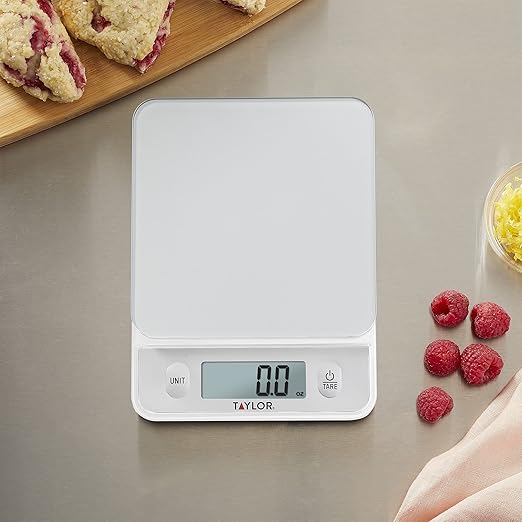 Taylor Glass Top Food Scale with Touch Controls, 11 lb Capacity, Sleek Silver Design, Accurate and Easy-to-Use Scale for Cooking and Baking