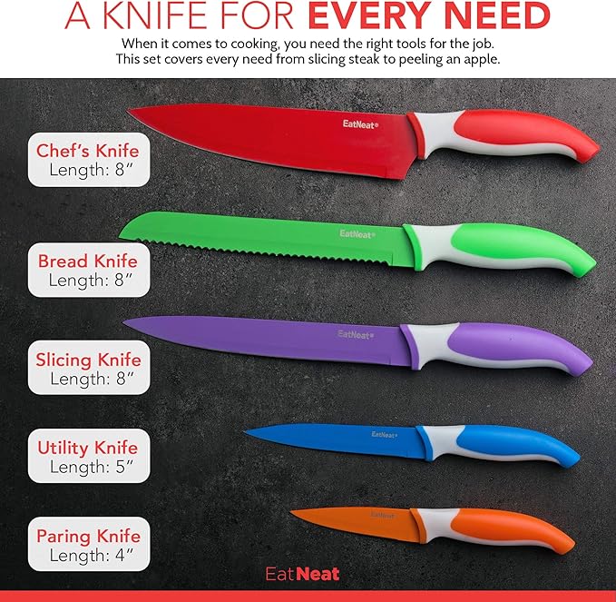 EatNeat 12-Piece Knife Set – Chef, Bread, Carving, Utility & Paring Knives with Sheaths, Sharpener & Cutting Board – Non-Stick Stainless Steel, Ergonomic, Dishwasher Safe – Ideal for Home, RV & Gift