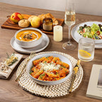 AmorArc Ceramic Dinnerware Sets for 4, 12 Pieces Handpainted Plates and Bowls Set with Rustic Terracotta Underside, Scratch Resistant Stoneware Dishes Set, Dishwasher & Microwave Safe, White