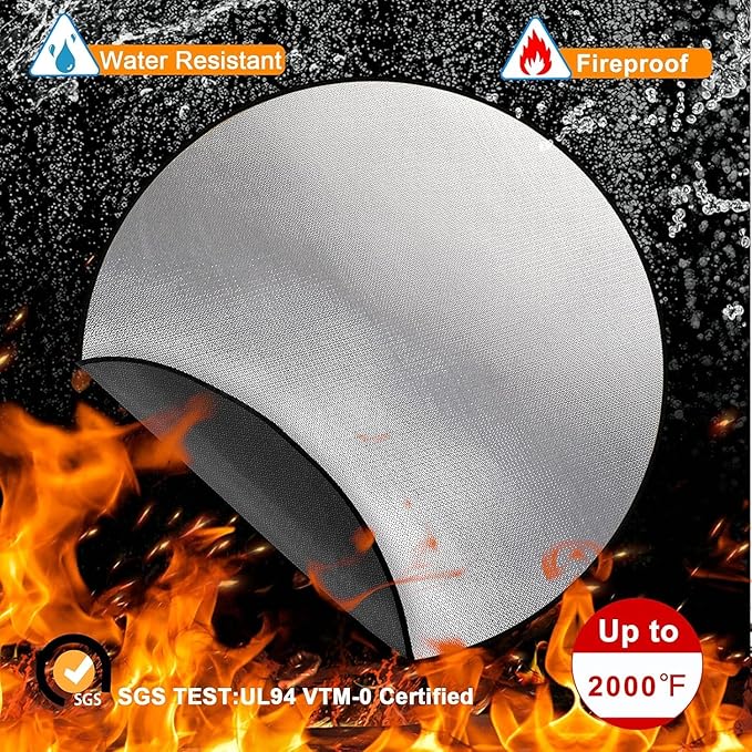 DocSafe 36" Round Fireproof Fire Pit Mat Grill Mat,Heat Insulated 4 Layers Indoor Fireplace Pad Protector for Patio,Deck,Grass,Lawn,Oil-Proof and Reusable and Waterproof,Easy to Clean,Black＆Silver
