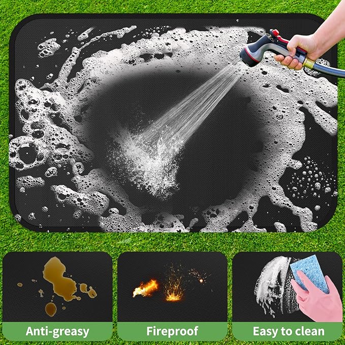 Large 60 x 40 inches Under Grill Mats for Outdoor Grill with BBQ Gloves, Double-Sided Fireproof Grill Pad Mat, Indoor Fireplace/Fire Pit Mat, Waterproof Oil-Proof Protector for Decks and Patios