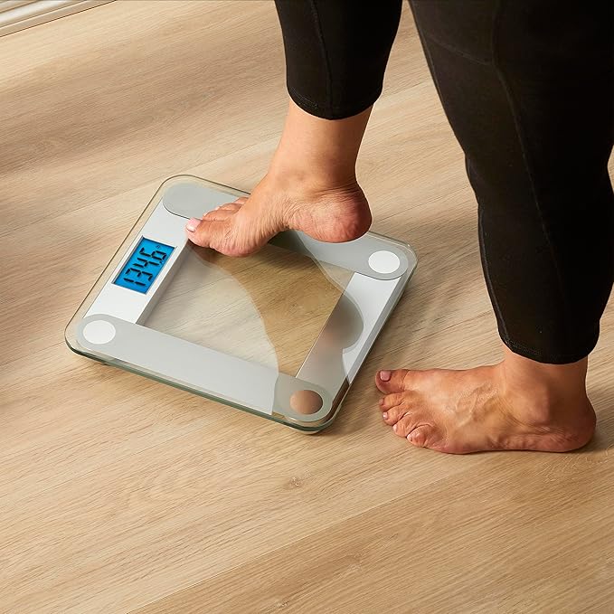 Eat Smart Digital Bathroom Scale with Extra Large Easy to Read Lighted Display, Accurate Weight Tracking, Includes Free Body Tape Measure, Grey and Clear
