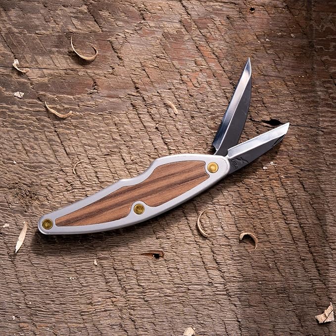 FLEXCUT Whittlin' Jack (JKN88) 2-Blade Pocket Carving Knife, High-Carbon Steel (1.5″ Detail + 2″ Roughing), Aluminum & Wood Handle, 3 oz, 4.25″ Closed, Made in USA