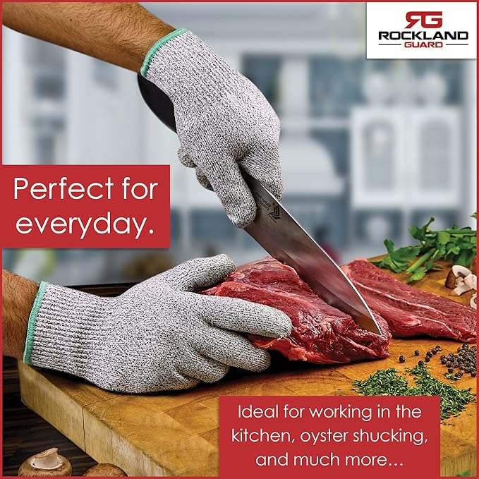 Rockland Guard Professional Oyster Shucking Knife Set - Includes 3.5" Stainless Steel Oyster Shucker with Non-Slip Handle & Bent Tip, Kitchen Cutting Gloves - Food-Grade, Dishwasher-Safe Seafood Tools Set - Large