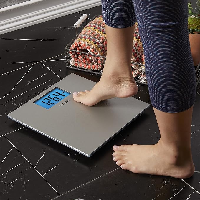 Taylor Digital Scales for Body Weight, Highly Accurate 400 LB Capacity, Unique Blue LCD, Auto on and Off Scale, 11.8 x 11.8Inches, Stainless Steel
