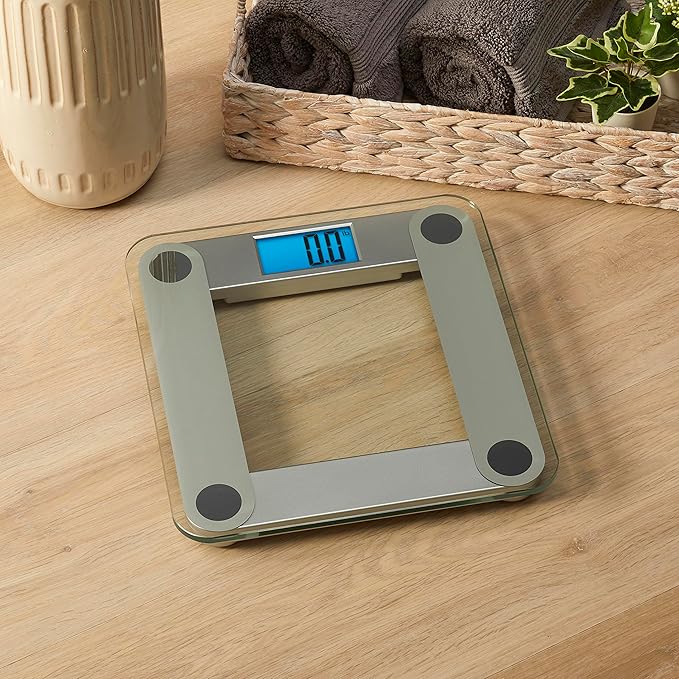 Eat Smart Digital Bathroom Scale with Extra Large Easy to Read Lighted Display, Accurate Weight Tracking, Includes Free Body Tape Measure, Grey and Clear