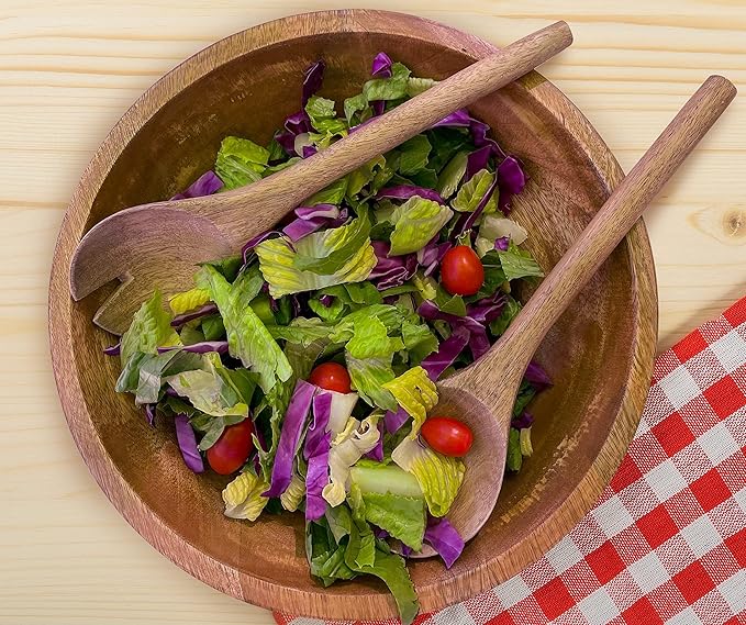 Large Wooden Salad Bowl Set - 1/2" Thick Mango Wood Serving Bowl with Utensils, Rustic Wooden Mixing Bowls, Decorative Kitchen Dinnerware for Popcorn, Pasta, & Chips, Dishes - 12 Inch