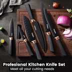 Stainless Steel Chef Knife Set, 6 Piece - Includes 8" Chef, 8" Bread, 7" Santoku, 5" Utility, 8" Carving & 3.5" Paring Knives (Black)