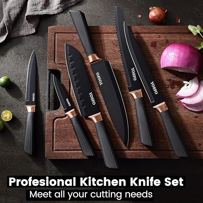 Stainless Steel Chef Knife Set, 6 Piece - Includes 8" Chef, 8" Bread, 7" Santoku, 5" Utility, 8" Carving & 3.5" Paring Knives (Black)
