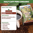 Low Acid Organic Coffee – Whole Bean, Mold-Free & Stomach Friendly by Java Planet, Peruvian Single Origin Half Caff Coffee, Medium Dark Roast, Arabica Gourmet Coffee Grade A, 1LB Bag