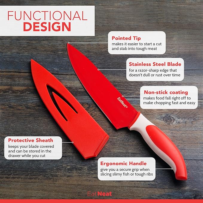 EatNeat 12-Piece Knife Set – Chef, Bread, Carving, Utility & Paring Knives with Sheaths, Sharpener & Cutting Board – Non-Stick Stainless Steel, Ergonomic, Dishwasher Safe – Ideal for Home, RV & Gift