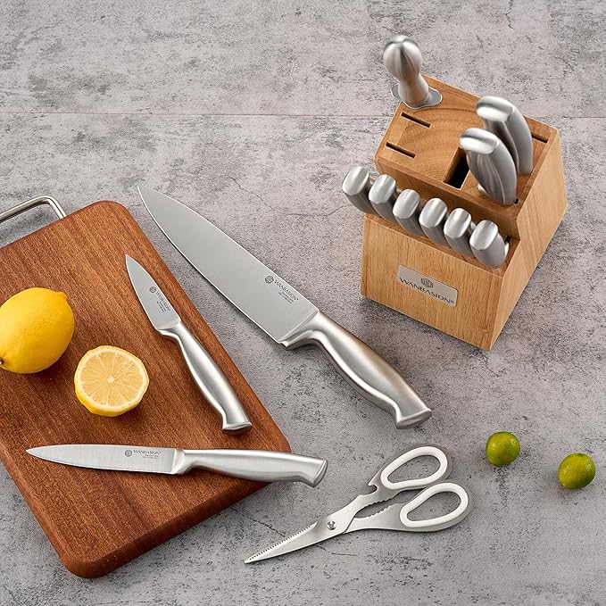 Wanbasion 14Pcs Kitchen Knife Block Set with Sharpener, Sharp Kitchen Knives Set with Block, Stainless Steel Knife Set with Block Dishwasher Safe Silver