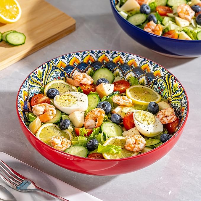 Red & Blue Large Serving Bowls Set of 2, Bohemian Style 10" Large Ceramic Bowls for Entertaining and Party, Bowls for Pasta Soup Fruit Ramen Cereal, Dishwasher Oven Safe
