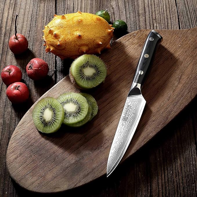 PAUDIN Utility Knife, Damascus Kitchen Knife, 67-Layer Forged Blade, Ultra Sharp Edge, Full Tang G10 Handle with Triple Rivets, 5'' Paring Knife for Cutting Fruit and Vegetables