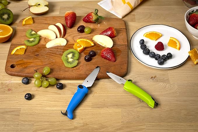 Kuhn Rikon Kinderkitchen® Kids Chef Knife Set With Scissors, 3 Pieces, Green/Blue/White| Cutting Tools Made for Real Cooking | Child Friendly Animal Designs With Hand Guard & Snipper Cover For Safety