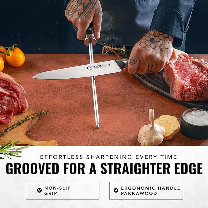 Cutluxe Honing Rod, Knife Sharpener Rod – 10" Honing Steel – Ergonomic Handle Design – Artisan Series