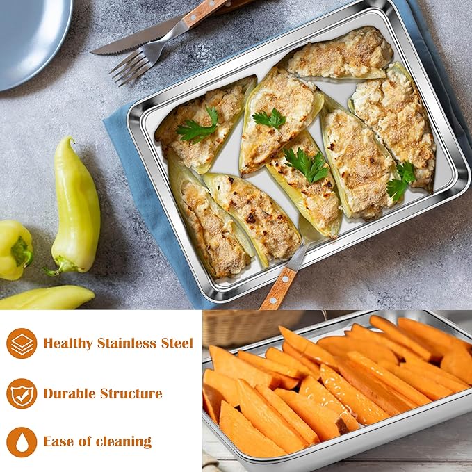 E-far Toaster Oven Tray, 10.5”x8.3” Stainless Steel Small Baking Cookie Sheet, Compact Non-toxic Metal Baking Pan for Cake, Healthy & Rust Free, Mirror Finish & Dishwasher Safe, 1 Pack