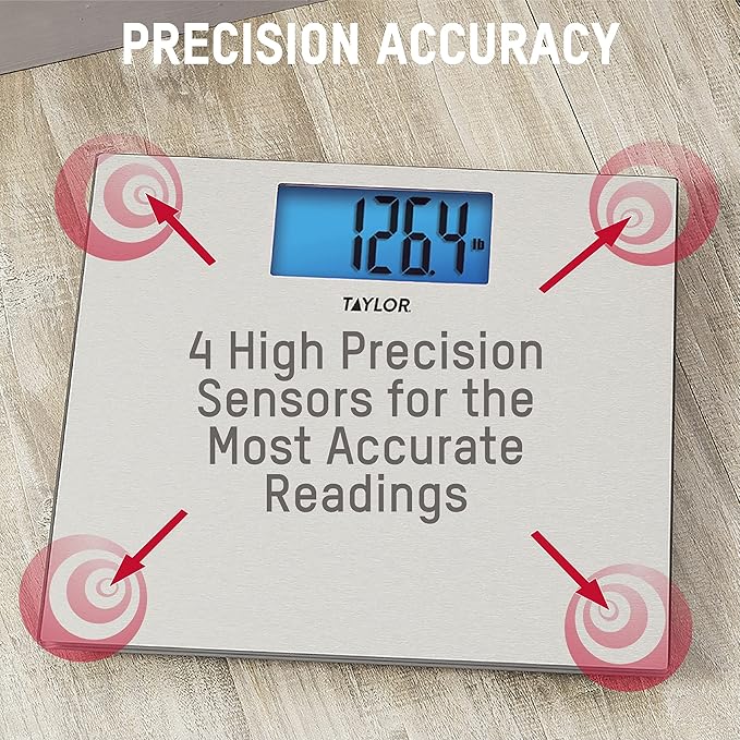 Taylor Digital Scales for Body Weight, Highly Accurate 400 LB Capacity, Unique Blue LCD, Auto on and Off Scale, 11.8 x 11.8Inches, Stainless Steel