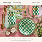 MACKENZIE-CHILDS Enamel Salad Serving Set, Enamel Bowl and Wooden Salad Servers, Decorative Kitchen Set, Green-and-White Emerald Check