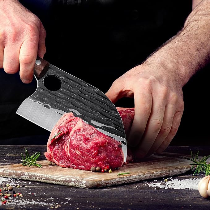 ROCOCO 3PCS Butcher Cleaver Knife Set for Meat Cutting Serbian Chef Knife Viking Boning Cleaver with Sheaths for Kitchen Outdoor BBQ Camping Birthday Father Mother Christmas Gift Idea Men