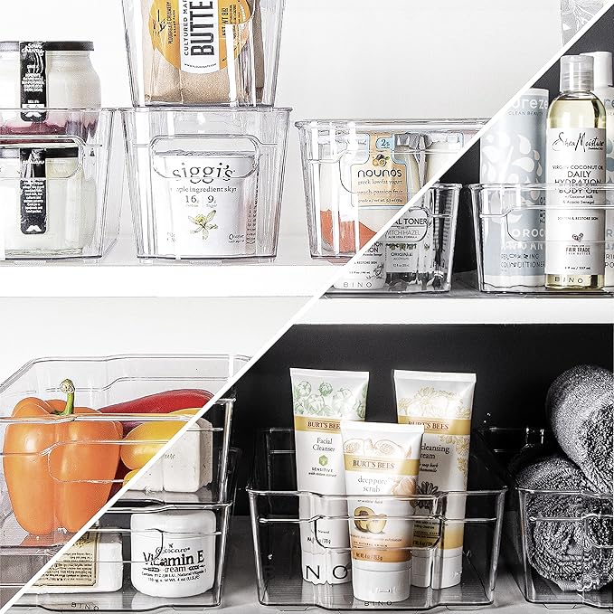 BINO | Stackable Storage Bins, Medium - 4 Pack | The Stacker Collection | Clear Plastic Storage Bins | Organization and Storage Containers for Pantry & Fridge | Multi-Use Organizer Bins | BPA-Free