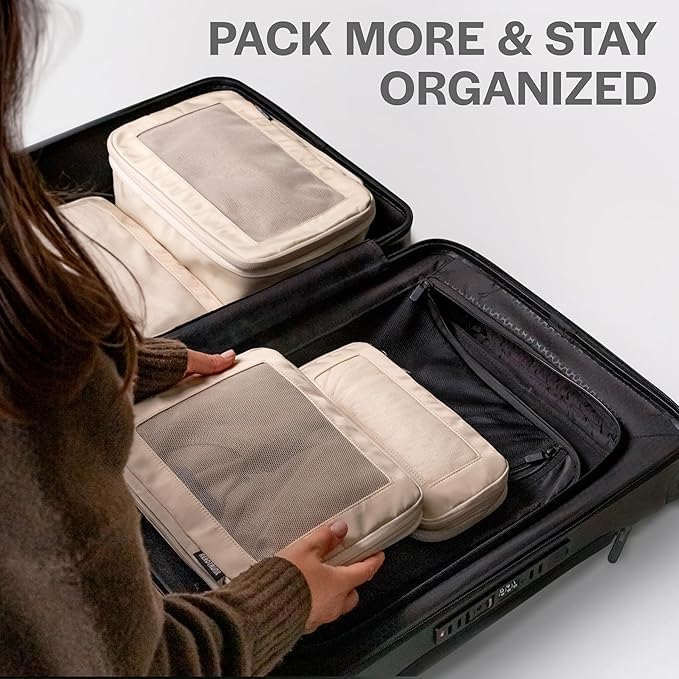 Aerotrunk Compression Packing Cubes for Travel - Luggage Organizer Bags - Double Zipper Packing Cubes for Suitcases (6-Pack, Light Grey)
