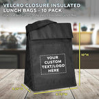 DISCOUNT PROMOS 10 Hook and Loop Insulated Lunch Bags Set - Customizable Text, Logo - Polyester, Durable, Vibrant, Reusable - Black