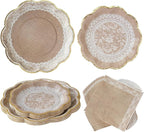 Kate Aspen Burlap & Lace Party Decorations - 62 Piece Rustic Bridal Shower and Wedding Tableware Set for 16 Guests - Disposable Floral Paper Plates and Napkins Party Supplies