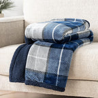 PAVILIA Blue Navy Plaid Sherpa Throw Blanket for Couch Twin, Plush Flannel Fleece, Soft Fuzzy Cabin for Sofa Bed, Warm Cozy Winter Gift, 60x80
