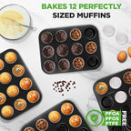 NutriChef Muffin Pans for Baking 4-Pack | Nonstick 12 Mold Cupcake Tins | Carbon Steel Stackable Cup Cake Trays | Dishwasher & Oven Safe | Includes 200 Parchment Paper Liners | 13 x 10 x 1 | Black