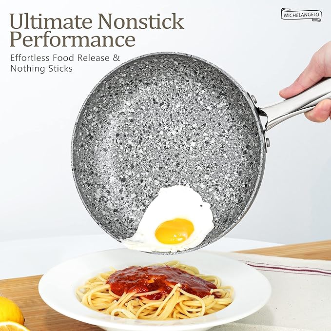 MICHELANGELO 10 Inch Frying Pan with Lid, Nonstick Frying Pan with Non Toxic Granite Coating, 10 Inch Stone Skillet, Non Stick Frying Pans for Cooking, Induction Compatible