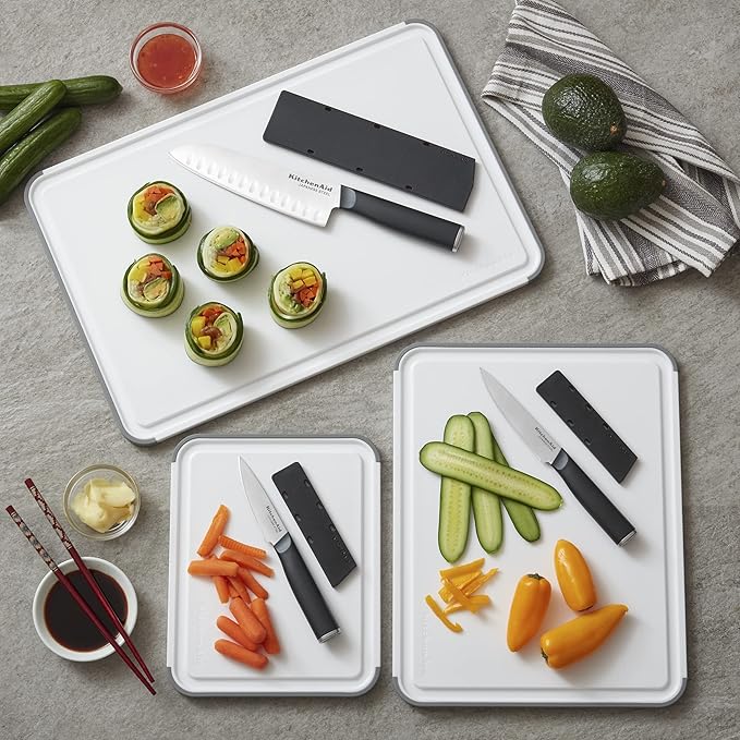 KitchenAid Classic Plastic Cutting Board with Perimeter Trench and Non Slip Edges, Dishwasher Safe, 12 inch x 18 inch, White and Gray