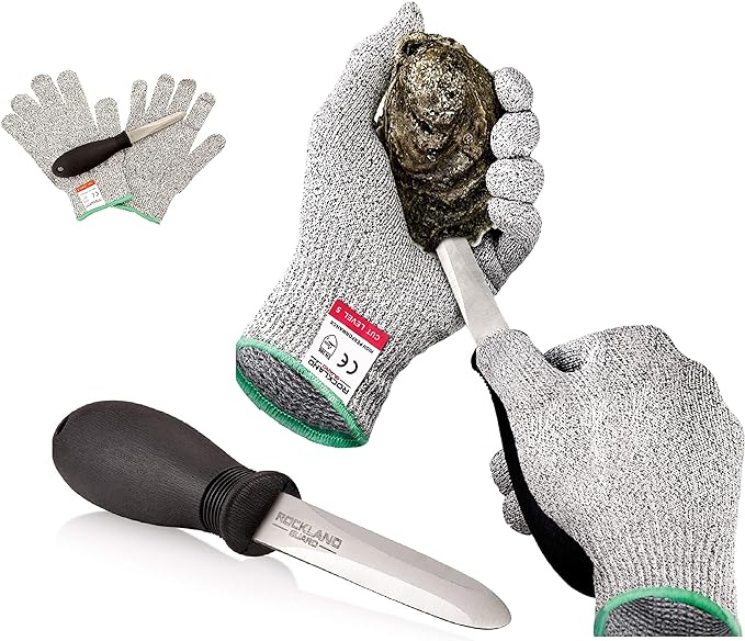 Rockland Guard Professional Oyster Shucking Knife Set - Includes 3.5" Stainless Steel Oyster Shucker with Non-Slip Handle & Bent Tip, Kitchen Cutting Gloves - Food-Grade, Dishwasher-Safe Seafood Tools Set - Large