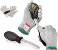 Rockland Guard Professional Oyster Shucking Knife Set - Includes 3.5" Stainless Steel Oyster Shucker with Non-Slip Handle & Bent Tip, Kitchen Cutting Gloves - Food-Grade, Dishwasher-Safe Seafood Tools Set - Small