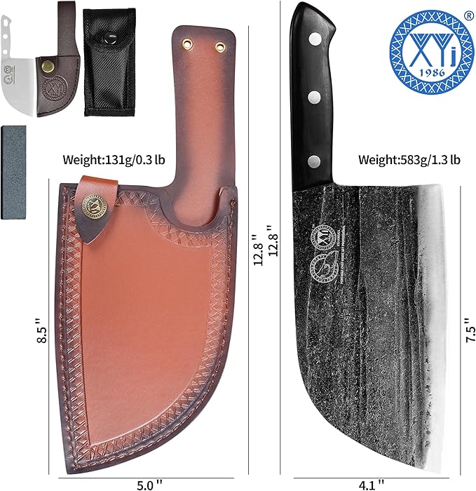 XYJ Authentic Since 1986,Outstanding Ancient Forging, 7.5 Inch Full Tang, Serbian Chefs knife,Chef Meat Cleaver,Kitchen Knives,Set with Leather Sheath,Take Carrying,Butcher