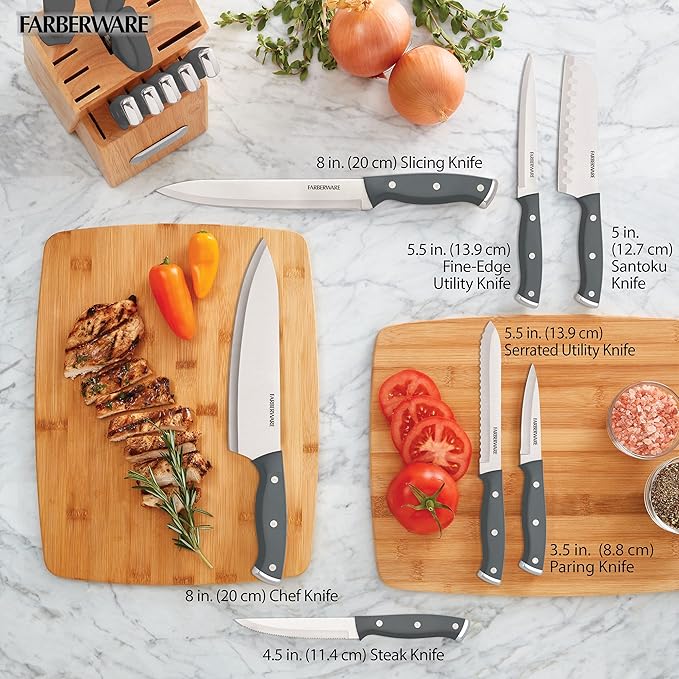 Farberware Triple Riveted Knife Block Set, 15-Piece, Gray, High-Carbon Stainless Steel Blades, Ergonomic Handles with Silver Accents, Includes Rubber Wood Storage Block
