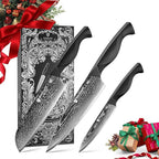 BRODARK Damascus Knife Set 3 PCS: Sharp Damascus Kitchen Knife Set, Professional Japanese Chef Knives with Ergonomic Full-Tang ABS Handle for Home, Restaurant (Dark Horse Series)